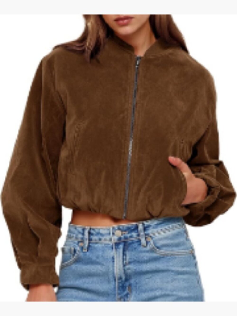 Faux Suede Bomber Jacket Cropped Loose Fit Lightweight Outerwear